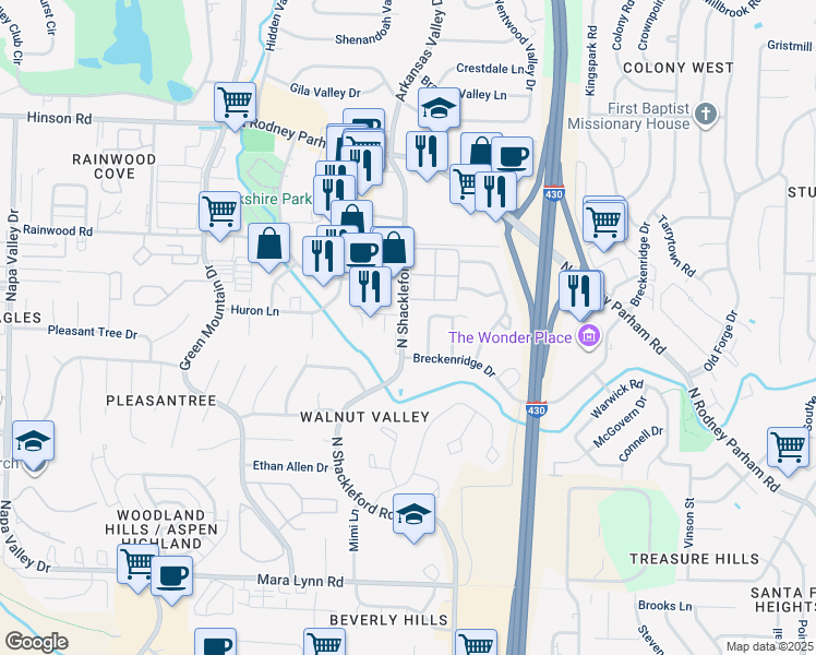 map of restaurants, bars, coffee shops, grocery stores, and more near 1319 North Shackleford Road in Little Rock