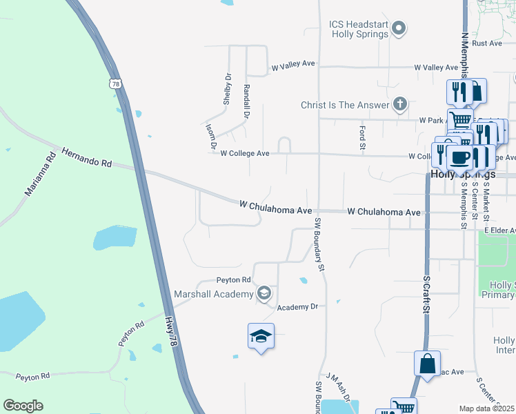 map of restaurants, bars, coffee shops, grocery stores, and more near West Chulahoma Avenue in Holly Springs
