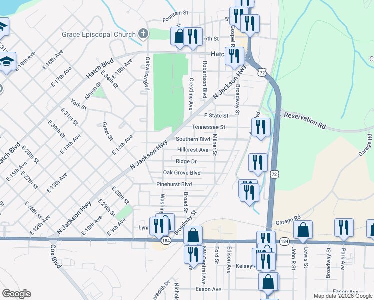 map of restaurants, bars, coffee shops, grocery stores, and more near 1600 Hillcrest Avenue in Sheffield