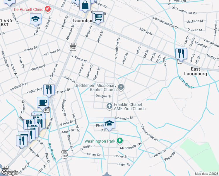 map of restaurants, bars, coffee shops, grocery stores, and more near 355 Roosevelt Street in Laurinburg