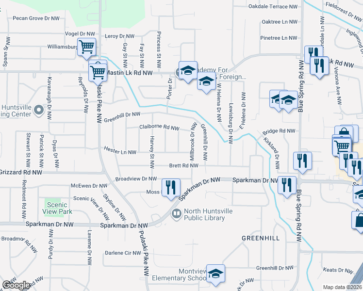 map of restaurants, bars, coffee shops, grocery stores, and more near 2806 Hester Lane Northwest in Huntsville
