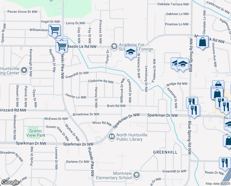 map of restaurants, bars, coffee shops, grocery stores, and more near 2806 Hester Lane Northwest in Huntsville