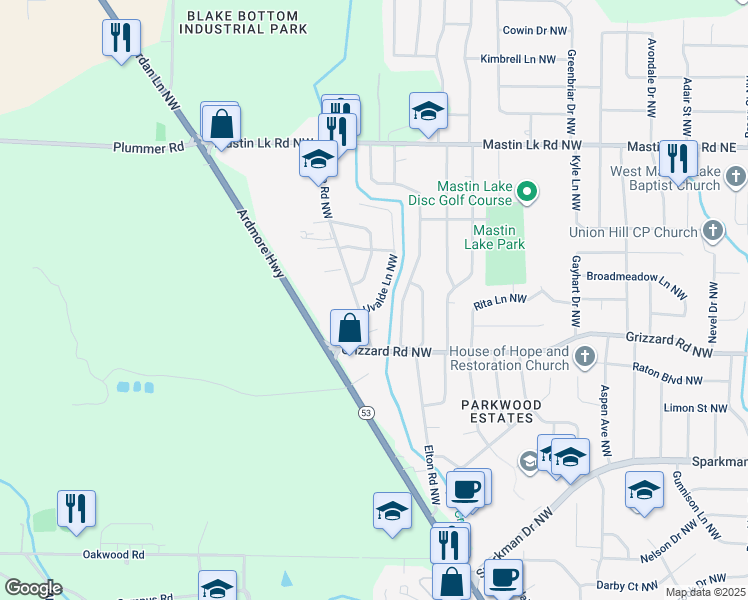 map of restaurants, bars, coffee shops, grocery stores, and more near 3205 Uvalde Lane Northwest in Huntsville