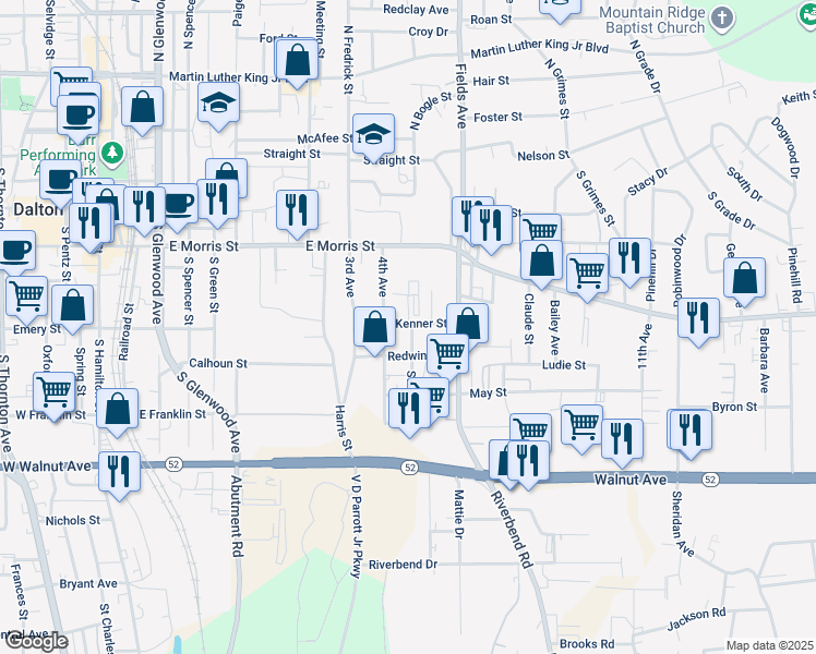 map of restaurants, bars, coffee shops, grocery stores, and more near 610 Strain Street in Dalton