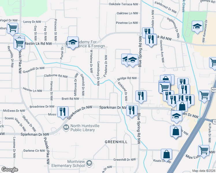 map of restaurants, bars, coffee shops, grocery stores, and more near 3106 Doner Circle Northwest in Huntsville
