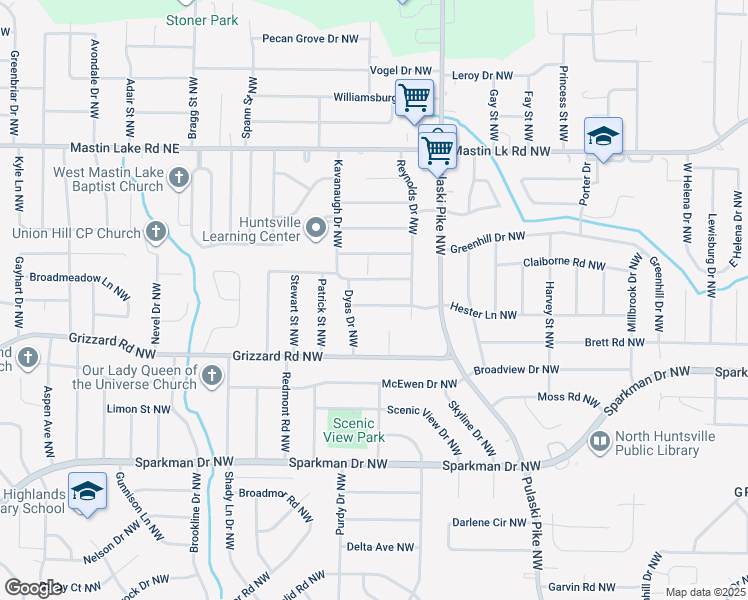 map of restaurants, bars, coffee shops, grocery stores, and more near 3611 Hester Lane Northwest in Huntsville