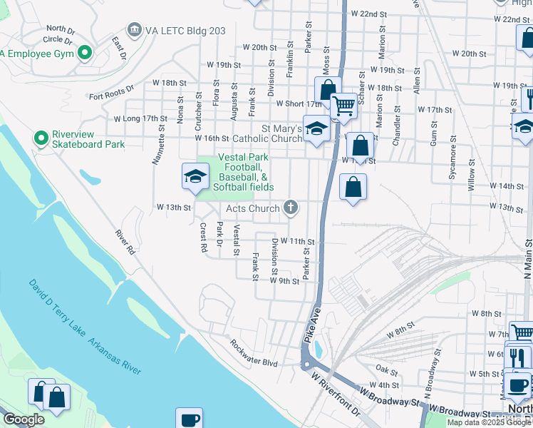 map of restaurants, bars, coffee shops, grocery stores, and more near 1322 West 12th Street in North Little Rock
