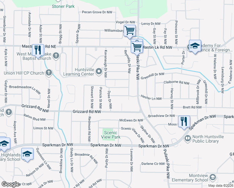 map of restaurants, bars, coffee shops, grocery stores, and more near 3611 Hester Lane Northwest in Huntsville