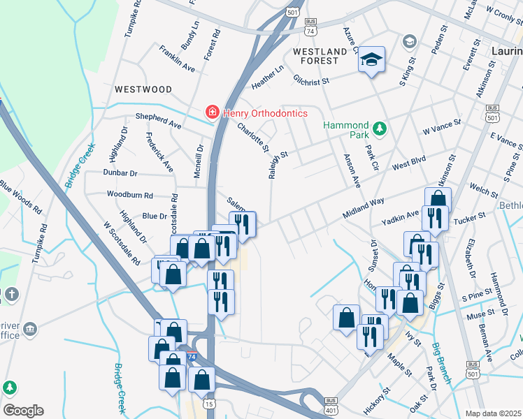 map of restaurants, bars, coffee shops, grocery stores, and more near in Laurinburg