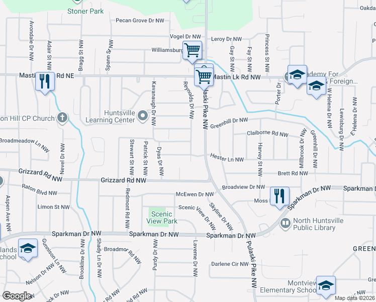 map of restaurants, bars, coffee shops, grocery stores, and more near 3603 Hester Lane Northwest in Huntsville