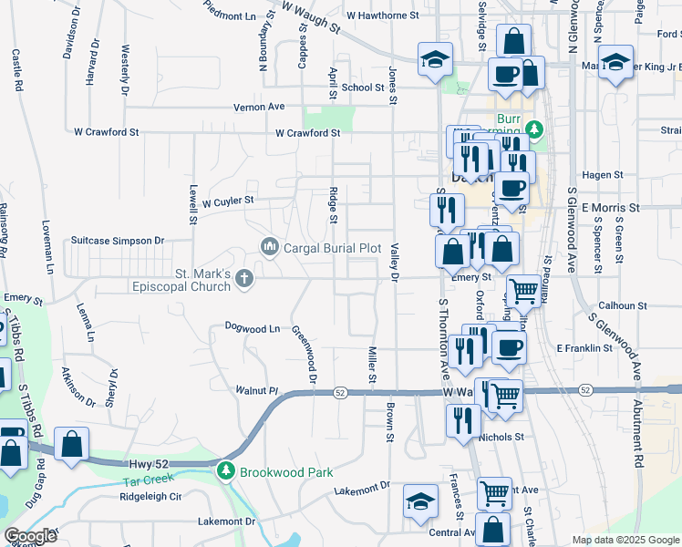 map of restaurants, bars, coffee shops, grocery stores, and more near 100 Maddox Street in Dalton