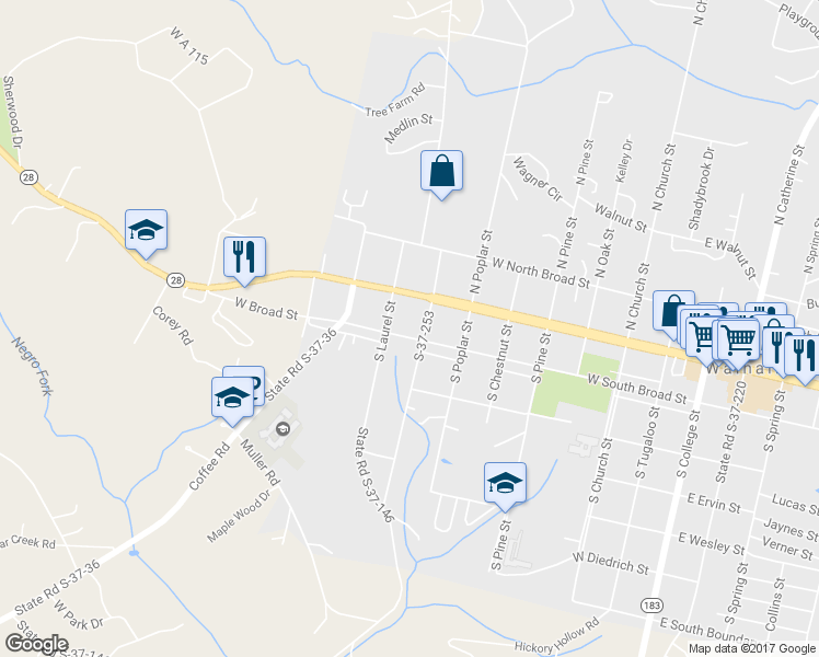 map of restaurants, bars, coffee shops, grocery stores, and more near 804 West South Broad Street in Walhalla