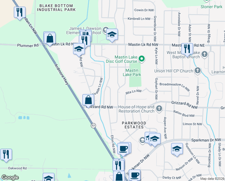 map of restaurants, bars, coffee shops, grocery stores, and more near 3111 Adonna Drive Northwest in Huntsville