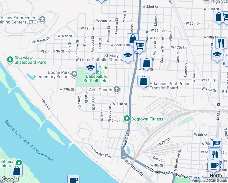 map of restaurants, bars, coffee shops, grocery stores, and more near 1120 Franklin Street in North Little Rock