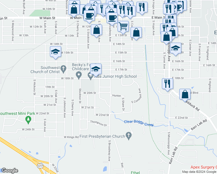map of restaurants, bars, coffee shops, grocery stores, and more near 123 19th Street in Ada