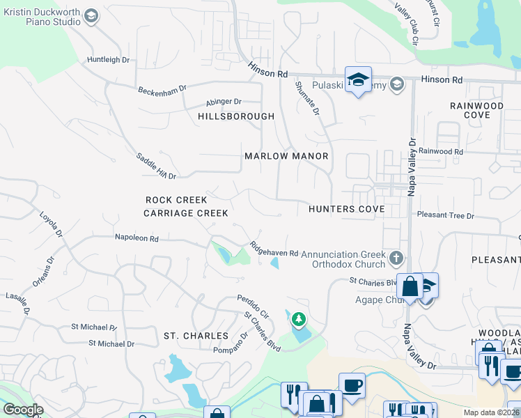 map of restaurants, bars, coffee shops, grocery stores, and more near 6 Hunter Court in Little Rock