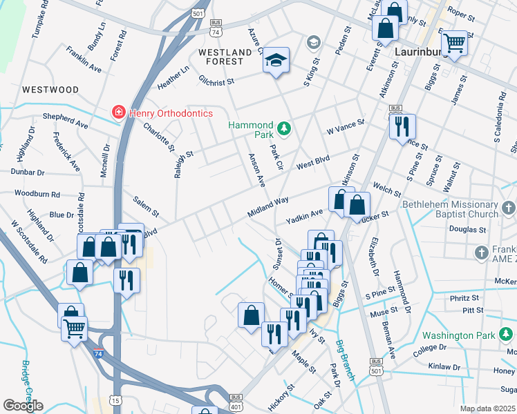 map of restaurants, bars, coffee shops, grocery stores, and more near 608 Midland Way in Laurinburg