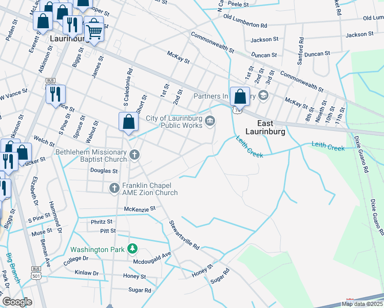 map of restaurants, bars, coffee shops, grocery stores, and more near 616 Hall Street in Laurinburg