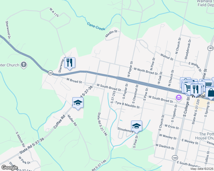 map of restaurants, bars, coffee shops, grocery stores, and more near 804 West South Broad Street in Walhalla