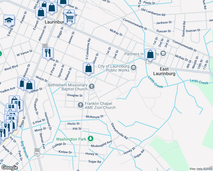 map of restaurants, bars, coffee shops, grocery stores, and more near 605 East Vance Street in Laurinburg