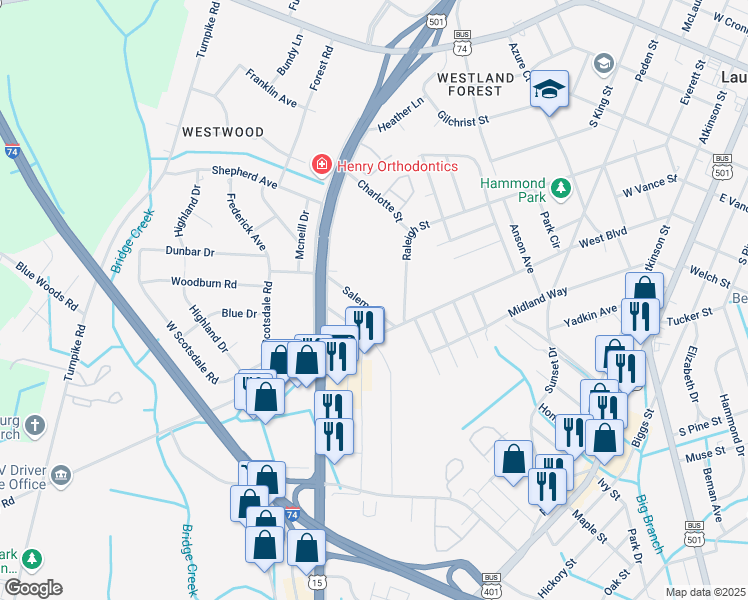 map of restaurants, bars, coffee shops, grocery stores, and more near in Laurinburg