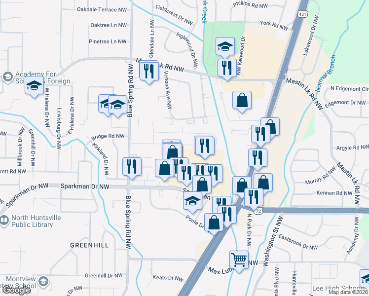 map of restaurants, bars, coffee shops, grocery stores, and more near 2451 Mount Vernon Road Northwest in Huntsville
