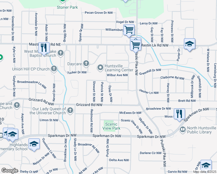 map of restaurants, bars, coffee shops, grocery stores, and more near 3621 Hester Lane Northwest in Huntsville