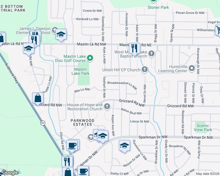 map of restaurants, bars, coffee shops, grocery stores, and more near 3102 Dahlia Court Northwest in Huntsville