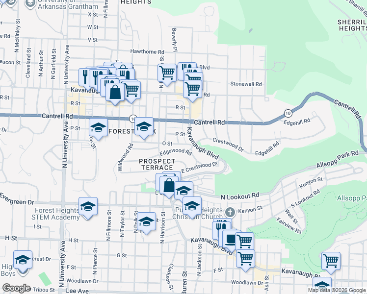 map of restaurants, bars, coffee shops, grocery stores, and more near 5206 Sherwood Road in Little Rock
