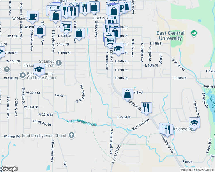 map of restaurants, bars, coffee shops, grocery stores, and more near 829 20th Street in Ada