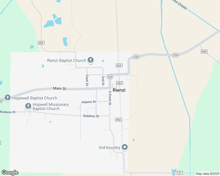 map of restaurants, bars, coffee shops, grocery stores, and more near Main Street & South Front Street in Rienzi