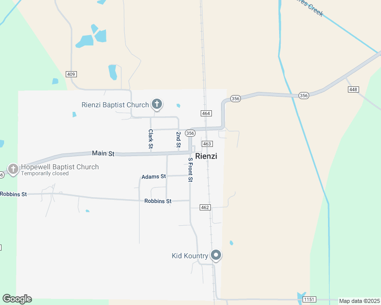 map of restaurants, bars, coffee shops, grocery stores, and more near Main Street & South Front Street in Rienzi