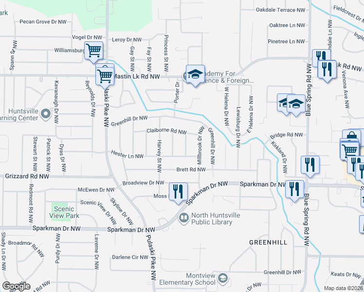map of restaurants, bars, coffee shops, grocery stores, and more near 2806 Hester Lane Northwest in Huntsville