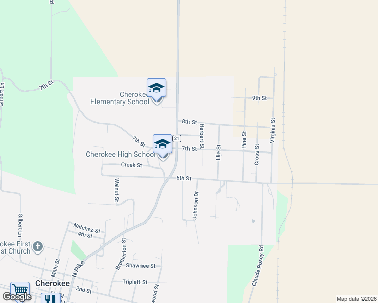 map of restaurants, bars, coffee shops, grocery stores, and more near 850 Guthrie Street in Cherokee
