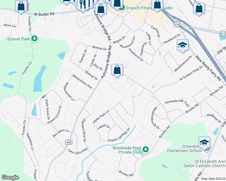 map of restaurants, bars, coffee shops, grocery stores, and more near 204 Adams Mill Road in Mauldin