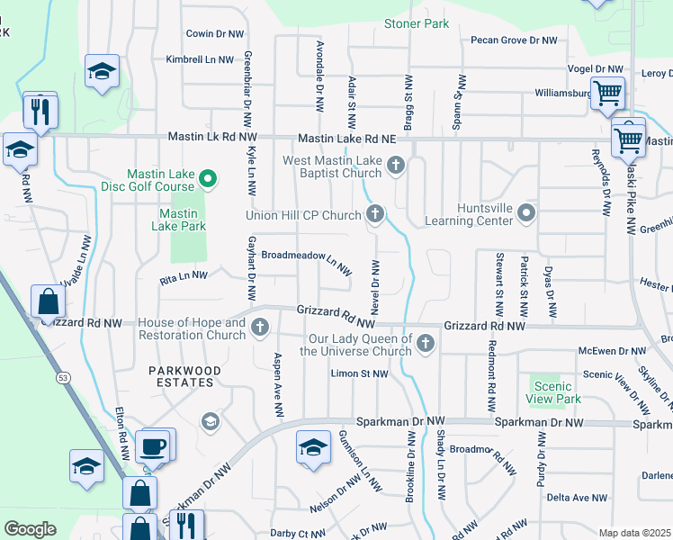 map of restaurants, bars, coffee shops, grocery stores, and more near 4623 Broadmeadow Lane Northwest in Huntsville