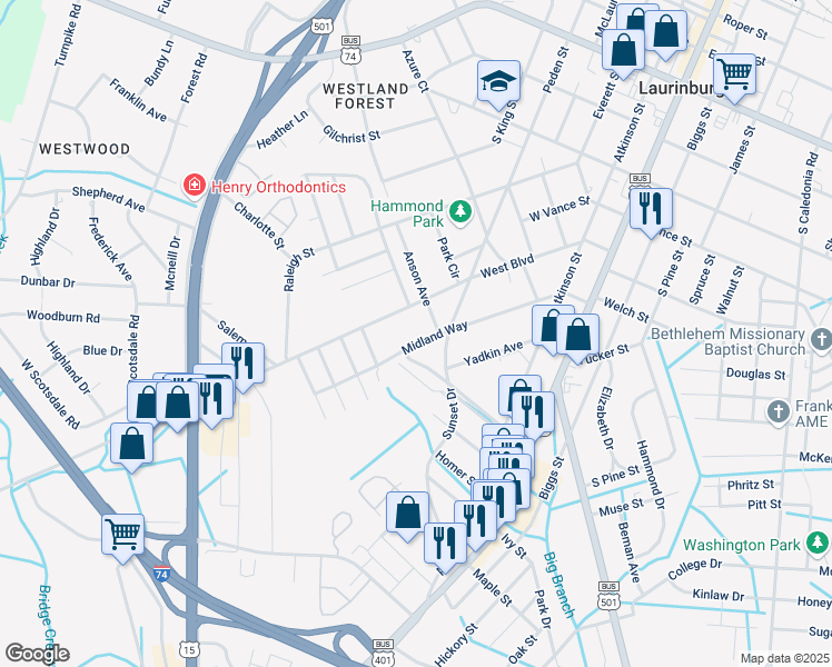 map of restaurants, bars, coffee shops, grocery stores, and more near 608 Midland Way in Laurinburg
