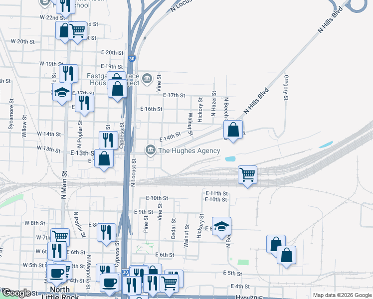 map of restaurants, bars, coffee shops, grocery stores, and more near 921 East 12th Street in North Little Rock