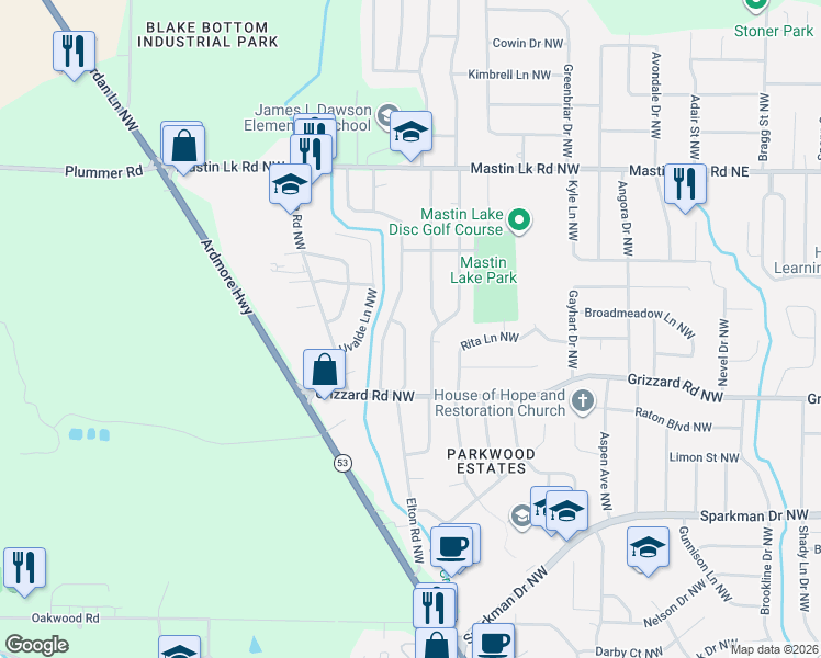 map of restaurants, bars, coffee shops, grocery stores, and more near 3202 Delia Lane Northwest in Huntsville