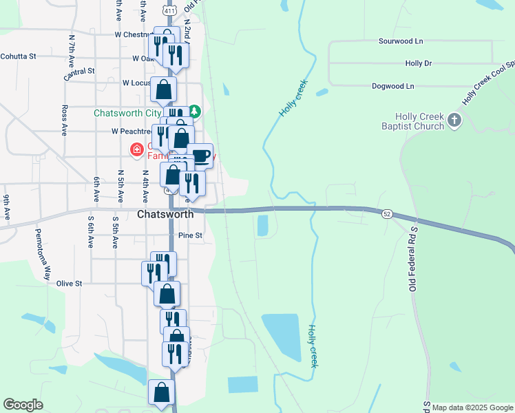 map of restaurants, bars, coffee shops, grocery stores, and more near 4943 Georgia 52 in Chatsworth