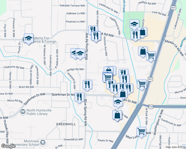 map of restaurants, bars, coffee shops, grocery stores, and more near 3400 Blue Spring Road Northwest in Huntsville
