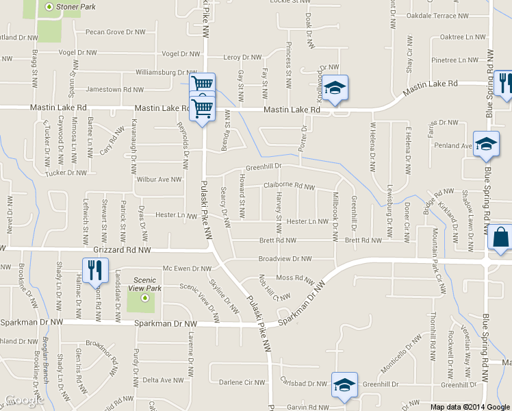 map of restaurants, bars, coffee shops, grocery stores, and more near 3208 Sweetbriar Road Northwest in Huntsville
