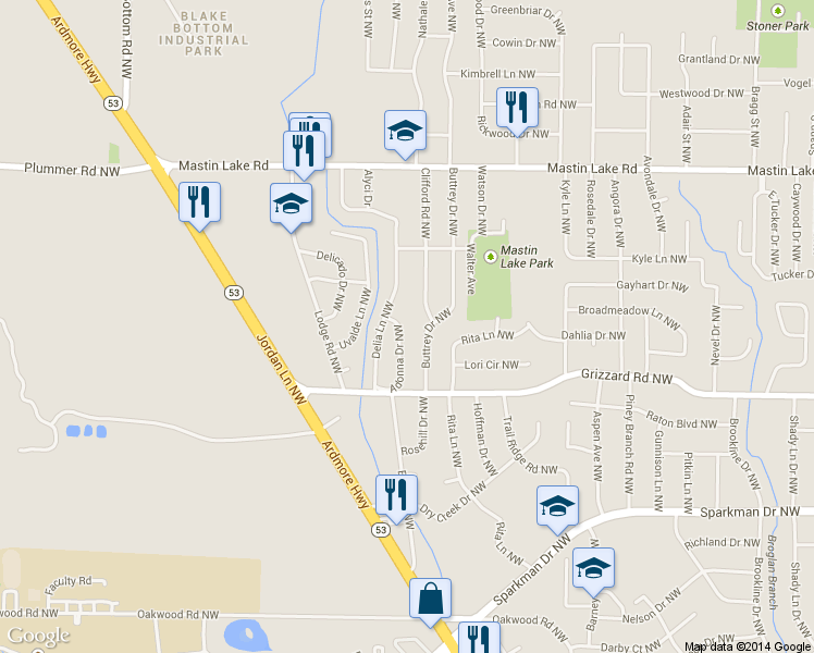 map of restaurants, bars, coffee shops, grocery stores, and more near 3202 Delia Lane Northwest in Huntsville