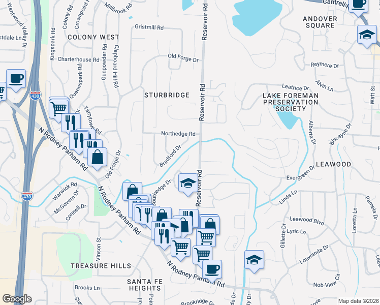 map of restaurants, bars, coffee shops, grocery stores, and more near 4 Bradford Drive in Little Rock