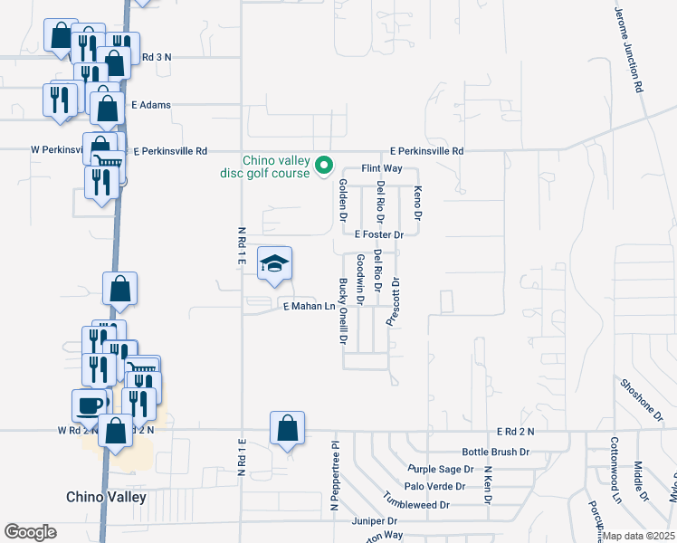 map of restaurants, bars, coffee shops, grocery stores, and more near 1443 Bucky Oneill Drive in Chino Valley