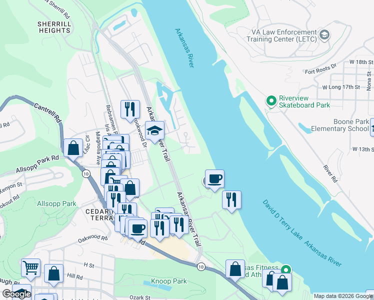 map of restaurants, bars, coffee shops, grocery stores, and more near 6 Rivermist Circle in Little Rock