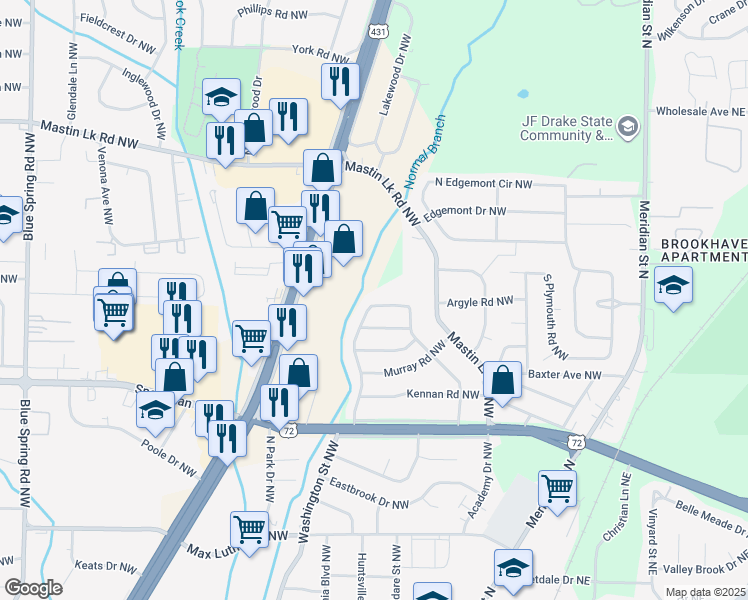 map of restaurants, bars, coffee shops, grocery stores, and more near 3038 Boswell Drive Northwest in Huntsville