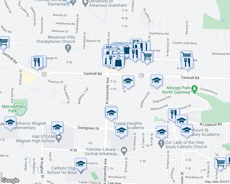 map of restaurants, bars, coffee shops, grocery stores, and more near 1501 North University Avenue in Little Rock