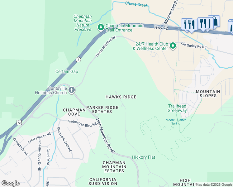 map of restaurants, bars, coffee shops, grocery stores, and more near 4015 Hawks Way Northeast in Huntsville