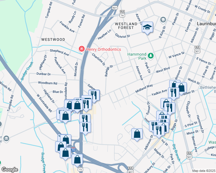 map of restaurants, bars, coffee shops, grocery stores, and more near 730 Raleigh Street in Laurinburg